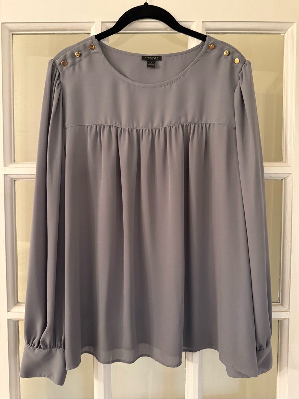 Ann Taylor Gray Gold Button Shoulder Blouse Long Sleeve Size L